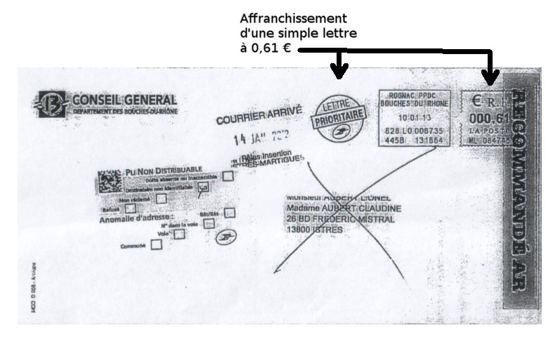 Lettre affranchie au tarif simple avec un autocollant recommandé